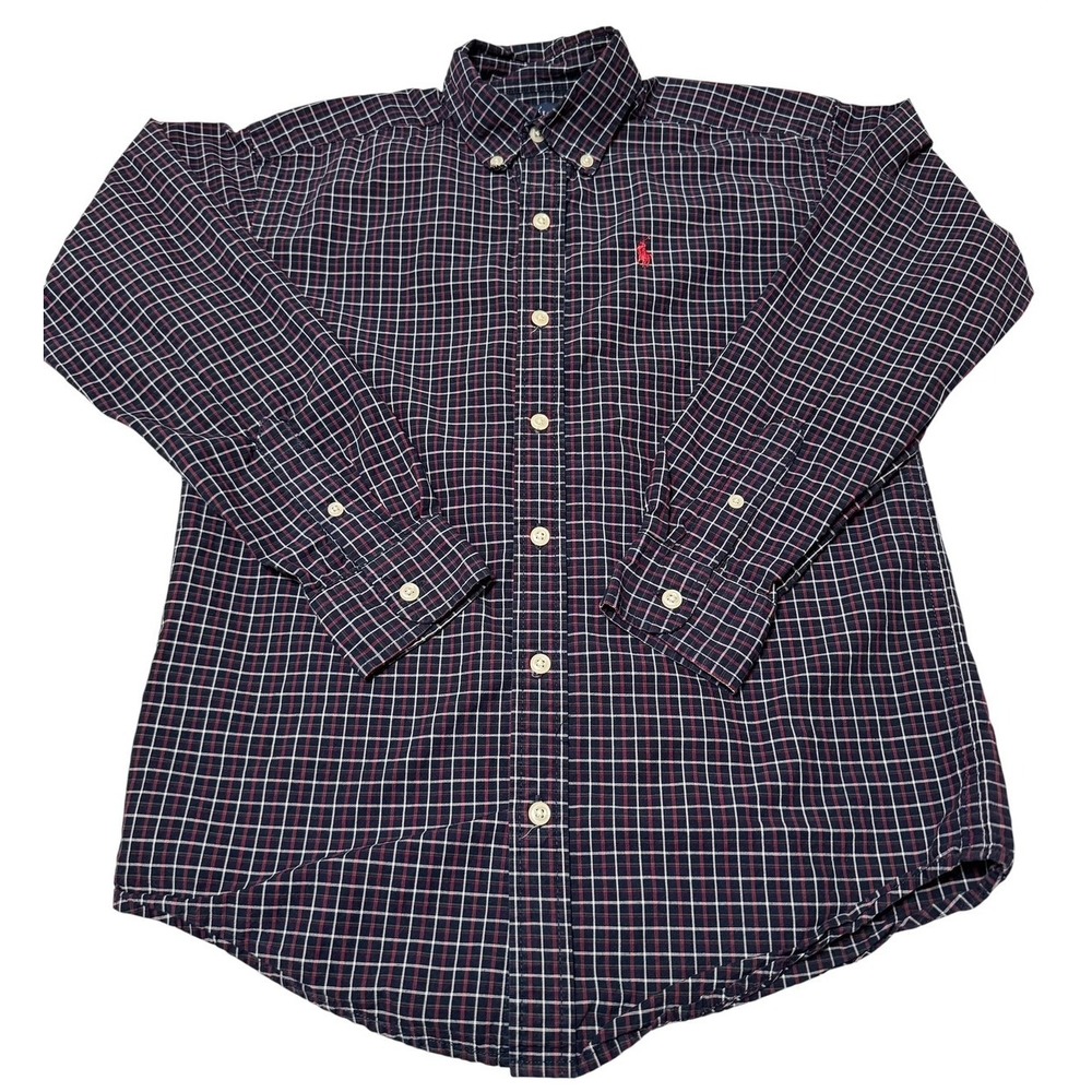 Ralph Lauren Long Sleeve Red Blue Plaid Cotton Classic Mens medium Red  Horse.
